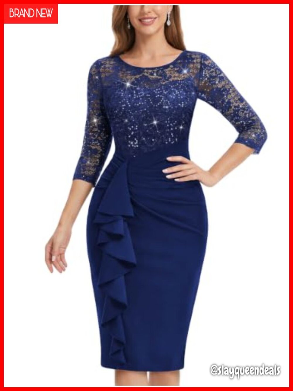 Sequin Lace Ruffle Midi Dress Scoop Neck Formal Evening Cocktail Wedding Guest